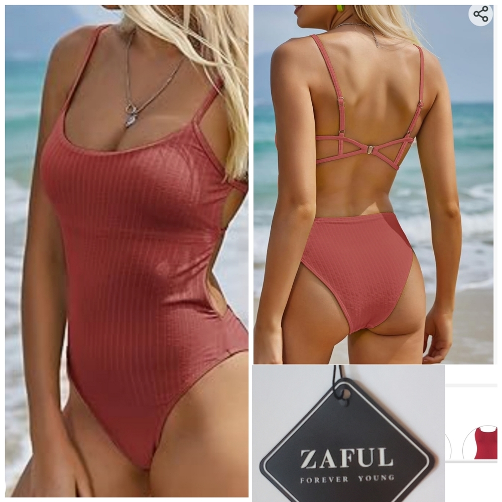 NWT Women's M One Piece Ribbed Swimsuit Trendy by Zaful Rust Color